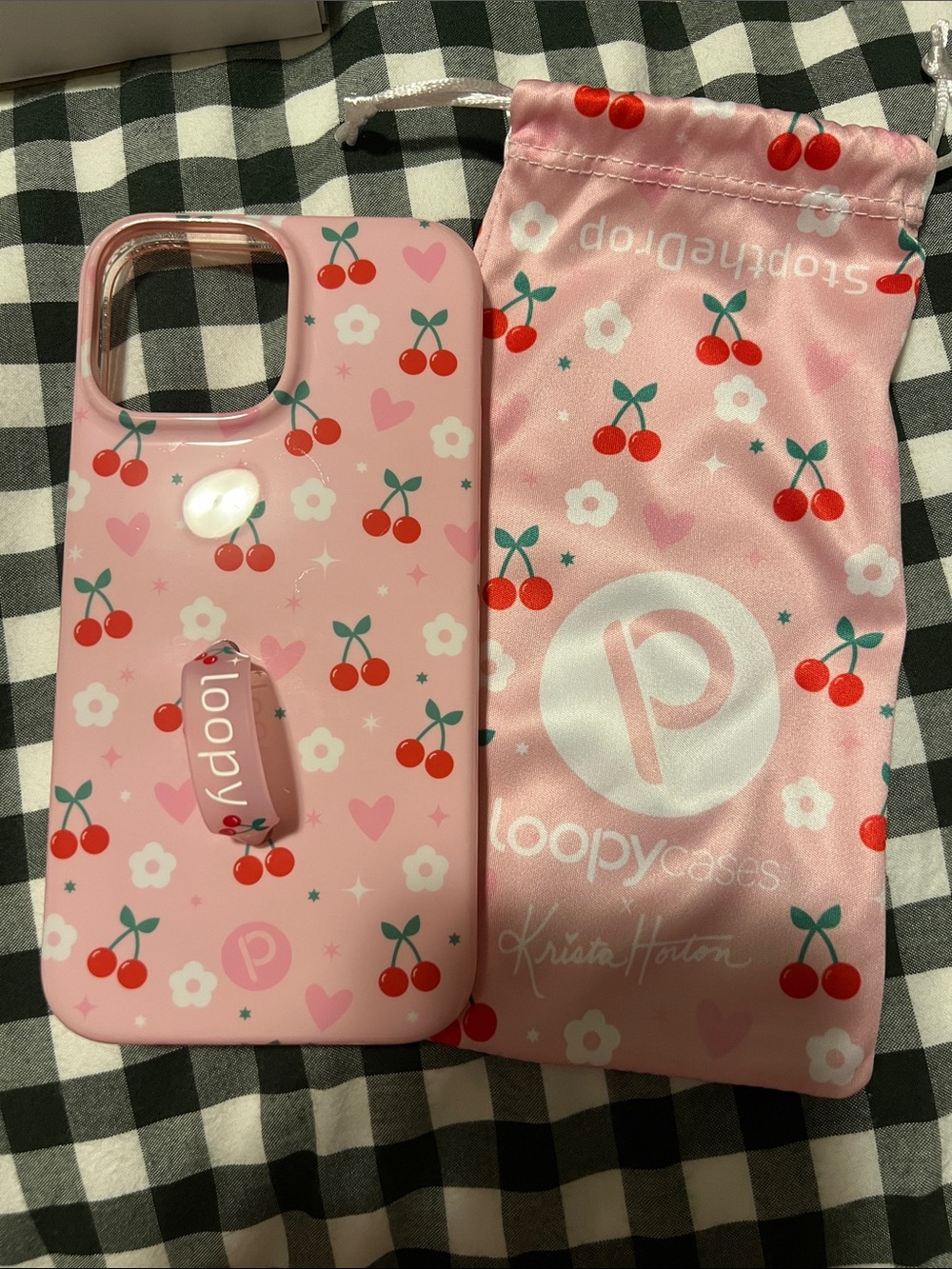 Loopy Case Pink iPhone 13 Pro Max Cherry Pattern Phone Case with Loopy Ring